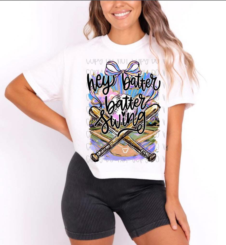 Hey Batter Batter Swing Shirt, Softball Graphic Tee with Bow, Baseball Mom Shirt