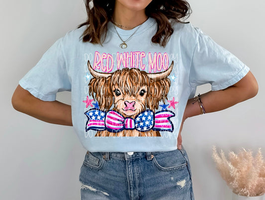 Red, White & Moo Cow Graphic T-Shirt | Funny Patriotic Highland Cow Tee | Fourth of July Unisex Shirt | Americana Graphic Tee