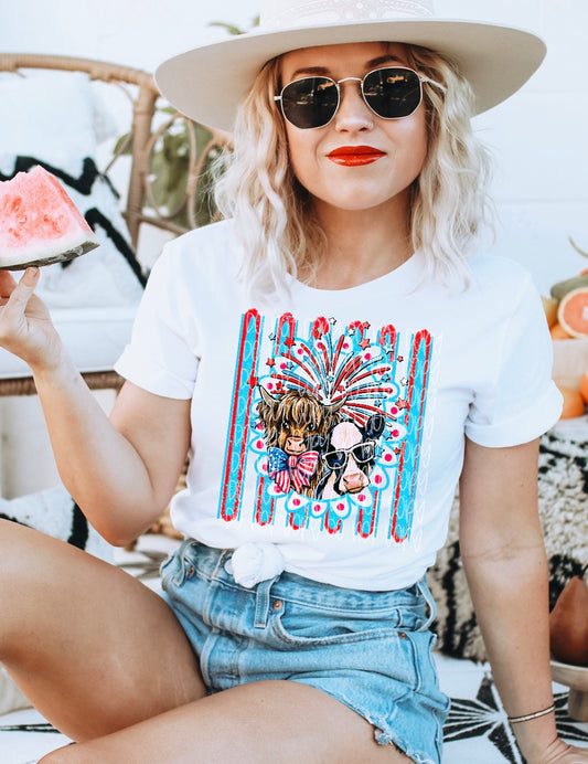 Proud to Be an American Patriotic Cow Graphic T-Shirt | Highland & Farm Cow USA Tee | Red, White & Blue Fourth of July Unisex Shirt