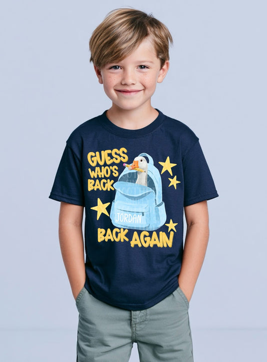 Personalized Guess Who's Back Duck Graphic T-Shirt | Back to School Teacher & Student Tee | Custom Name First Day of School Shirt | Unisex Graphic Tee