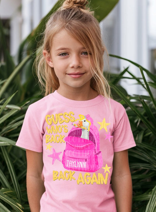 Personalized Guess Who's Back Duck Graphic T-Shirt | Back to School Teacher & Student Tee | Custom Name First Day of School Shirt | Unisex Graphic Tee