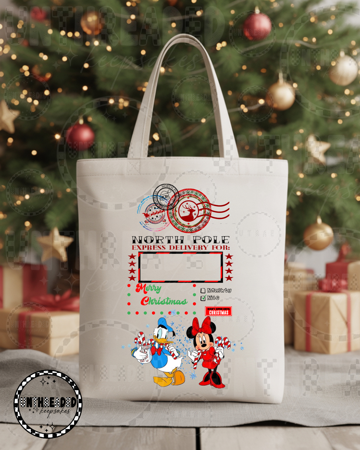 Minnie & Donald Duck Holiday Canvas Tote Bag