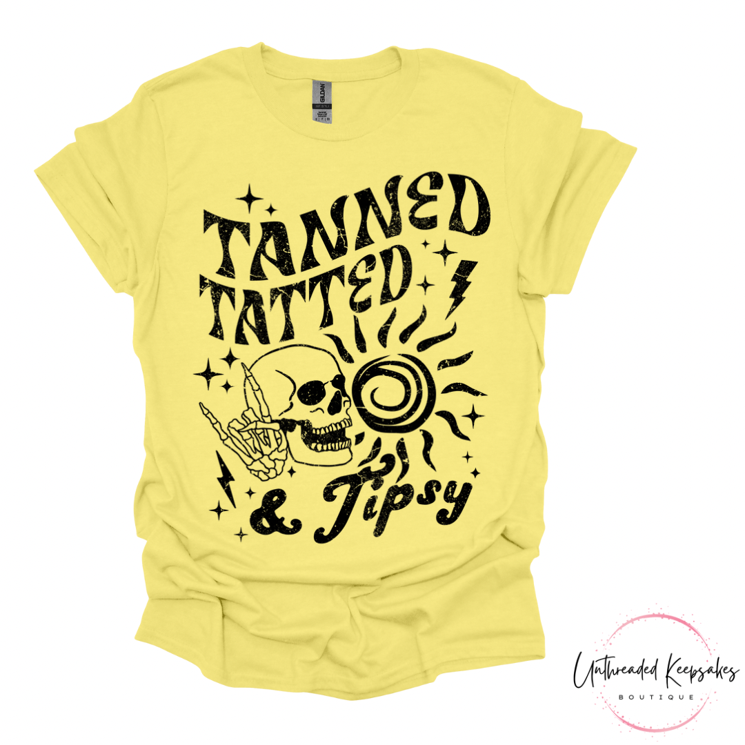 Tatted tanned tipsy graphic t-shirt