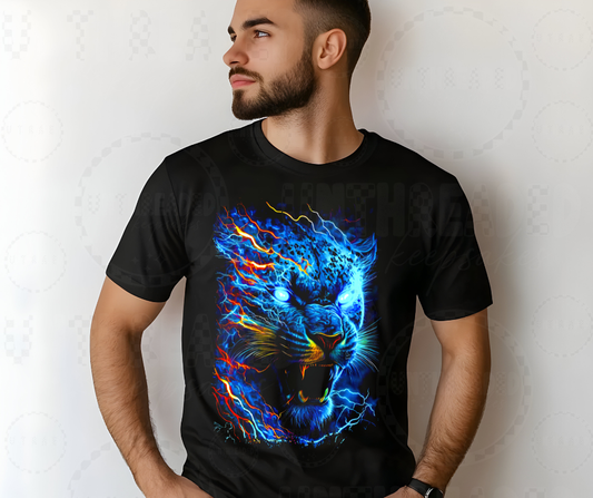 Electric Panther Neon Lightning Graphic Tee – Fierce Animal Glow Shirt