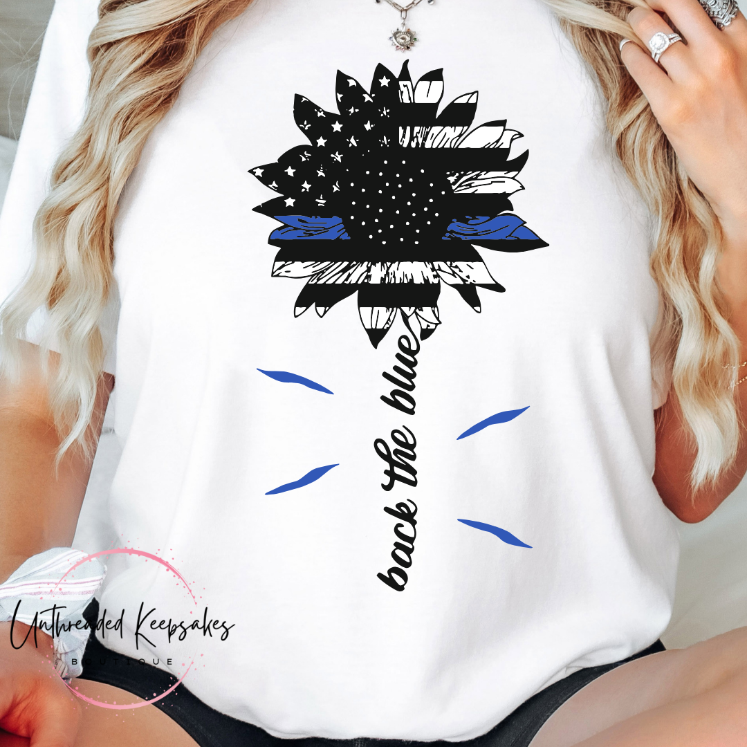 Back The Blue Police Cute Sunflower Graphic T-Shirt