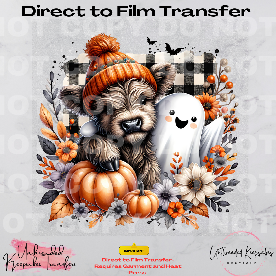 Cute Highland Cow Pumpkin Ghost Halloween Direct To Film Transfer