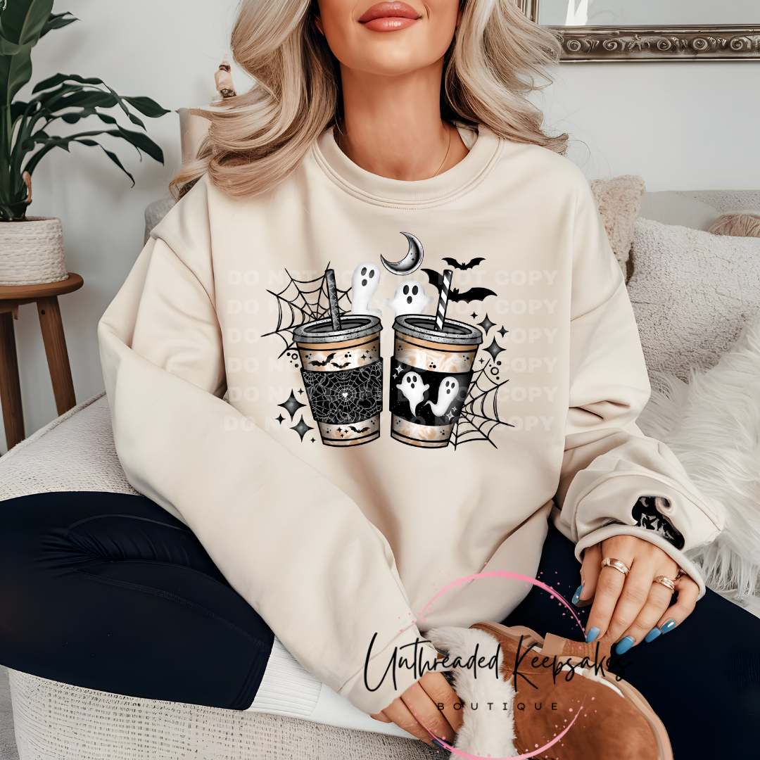 Coffee Ghosts Spiderweb Cute Halloween Graphic Crewneck