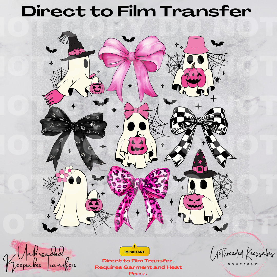 Adorable Ghost Bows Black and Pink Halloween Direct To Film Transfer