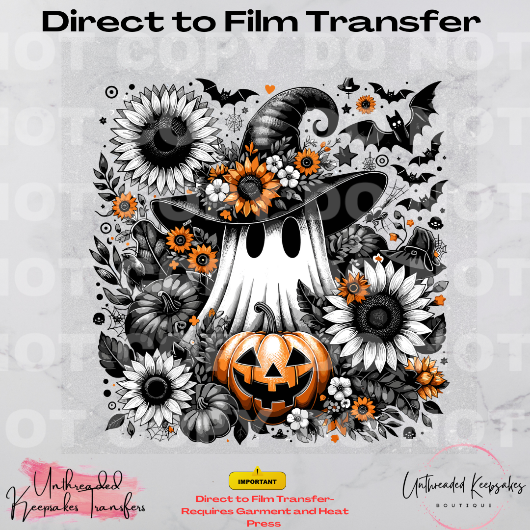 Adorable Black Sunflower Pumpkin Ghost Halloween Direct To Film Transfer