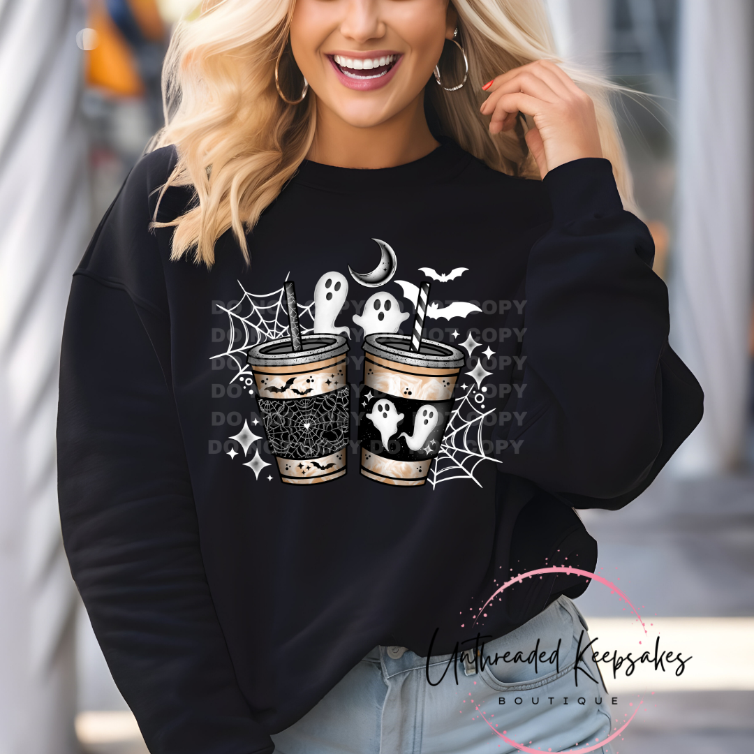 Coffee Ghosts Spiderweb Cute Halloween Graphic Crewneck