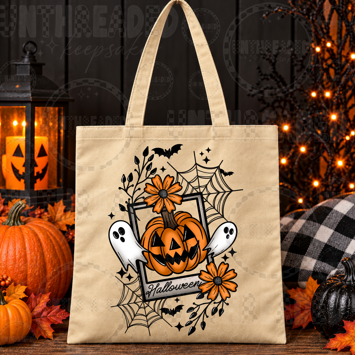 Pumpkin Ghost Polaroid Halloween Tote Bag