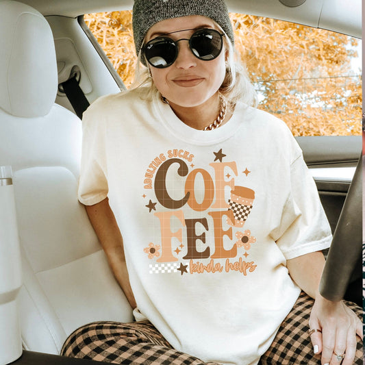 Adulting Sucks Coffee Helps Tee – Retro Caffeine Lover Shirt