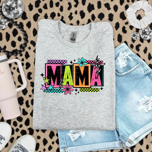 Retro MAMA Colorblock Tee – Bright Neon Graphic Mom Shirt