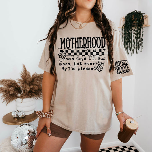Motherhood T-Shirt – Blessed Mess Checkered Floral Graphic Tee