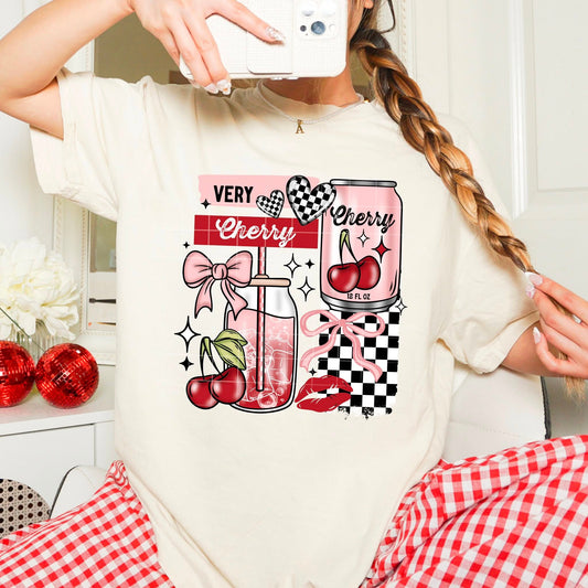 Very Cherry Retro Girly Graphic Tee – Checkered & Sweet Vibes