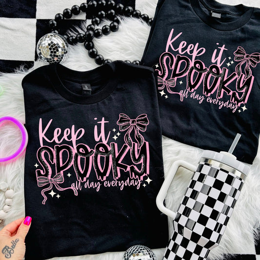 Keep It Spooky All Day Everyday – Pink Gothic Bow Graphic Tee