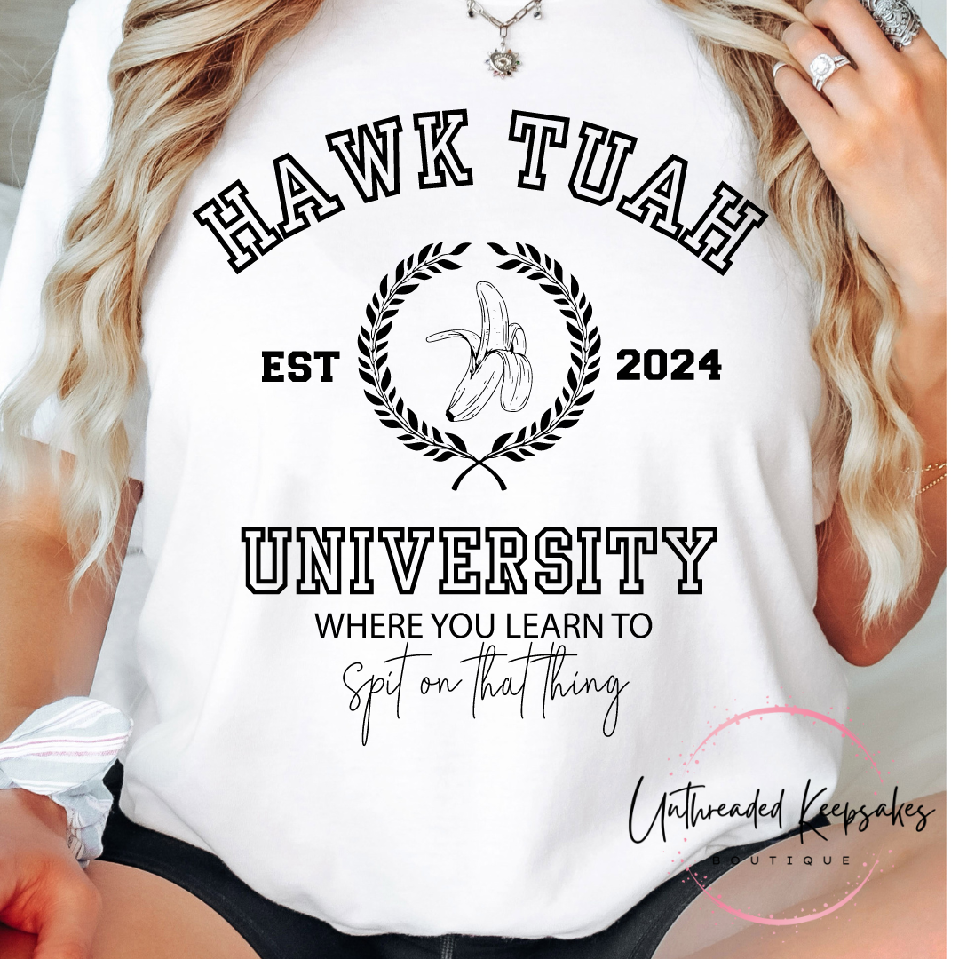 Hawk Tuah University Funny Graphic t-shirt