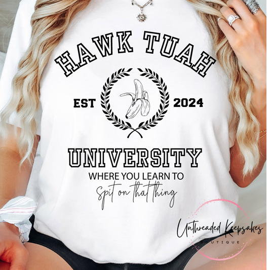 Hawk Tuah University Funny Graphic t-shirt