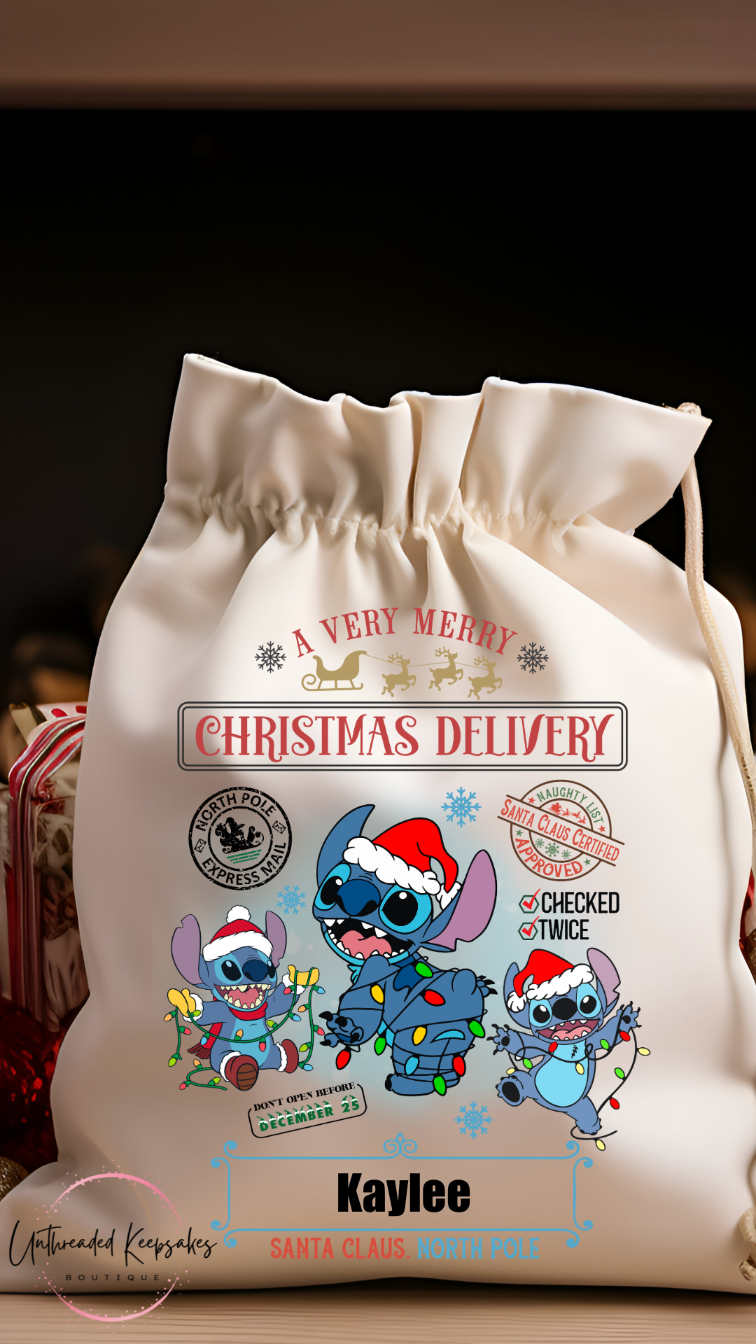 Blue Monster Graphic Personalized Santa Sack, Customized Christmas Name Bag, Christmas Treat Bags