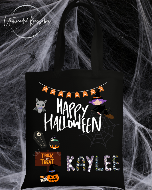 Personalized Halloween Tote Bag, Customized Halloween Name Bag, Halloween Treat Bags for Kids, Kids Halloween Bag, Trick or Treat Bag