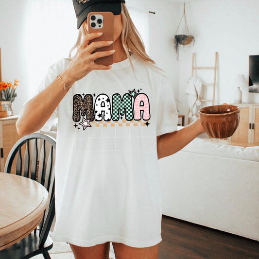 MAMA Multi-Print Letter Tee – Leopard, Stars & Gingham Graphic Mom Shirt