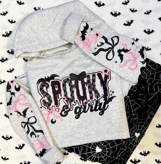 Spooky & Girly Halloween Hoodie – Gray with Sleeve Details