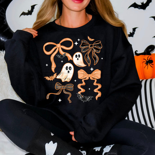 Spooky Ghosts & Bows Crewneck – Orange & Black Halloween Edition