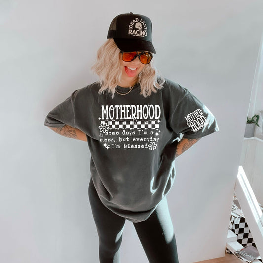 Motherhood T-Shirt – Gray Blessed Mess Graphic Tee with Checkered Print