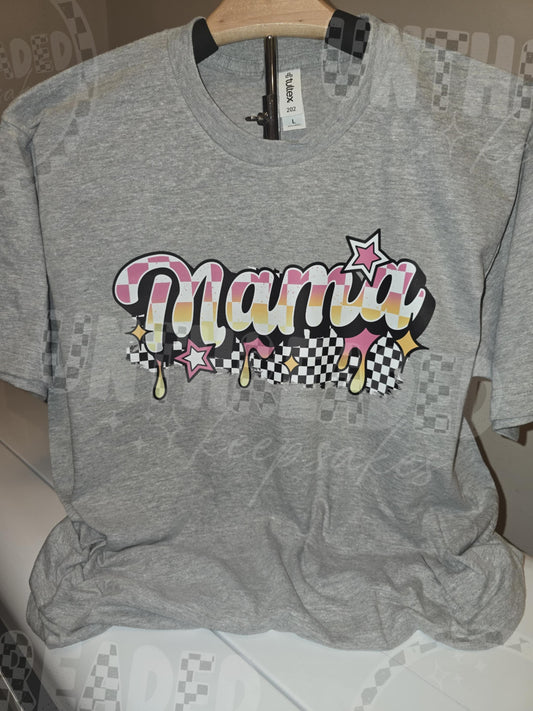 Mama Checkered Stars Tee – Large Gray Unisex Shirt | Trendy Mom Graphic Tee