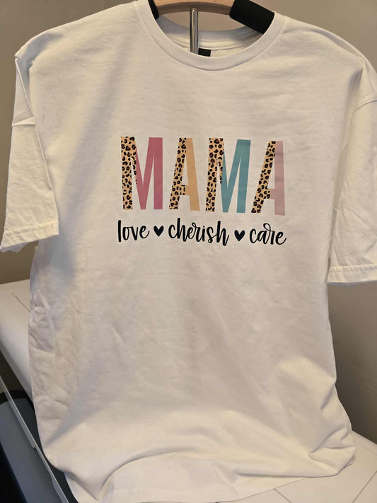 💖 MAMA Love Cherish Care T-Shirt – Large – Leopard Print Pastel Design