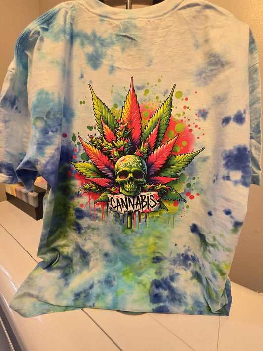 🌿 Psychedelic Cannabis Skull Tie-Dye T-Shirt – XL – Trippy Vibes