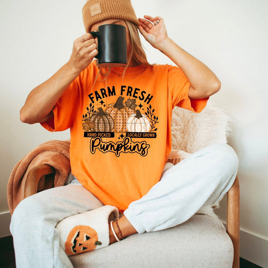 Farm Fresh Pumpkins Graphic Tee – Hand Picked & Locally Grown Fall Shirt