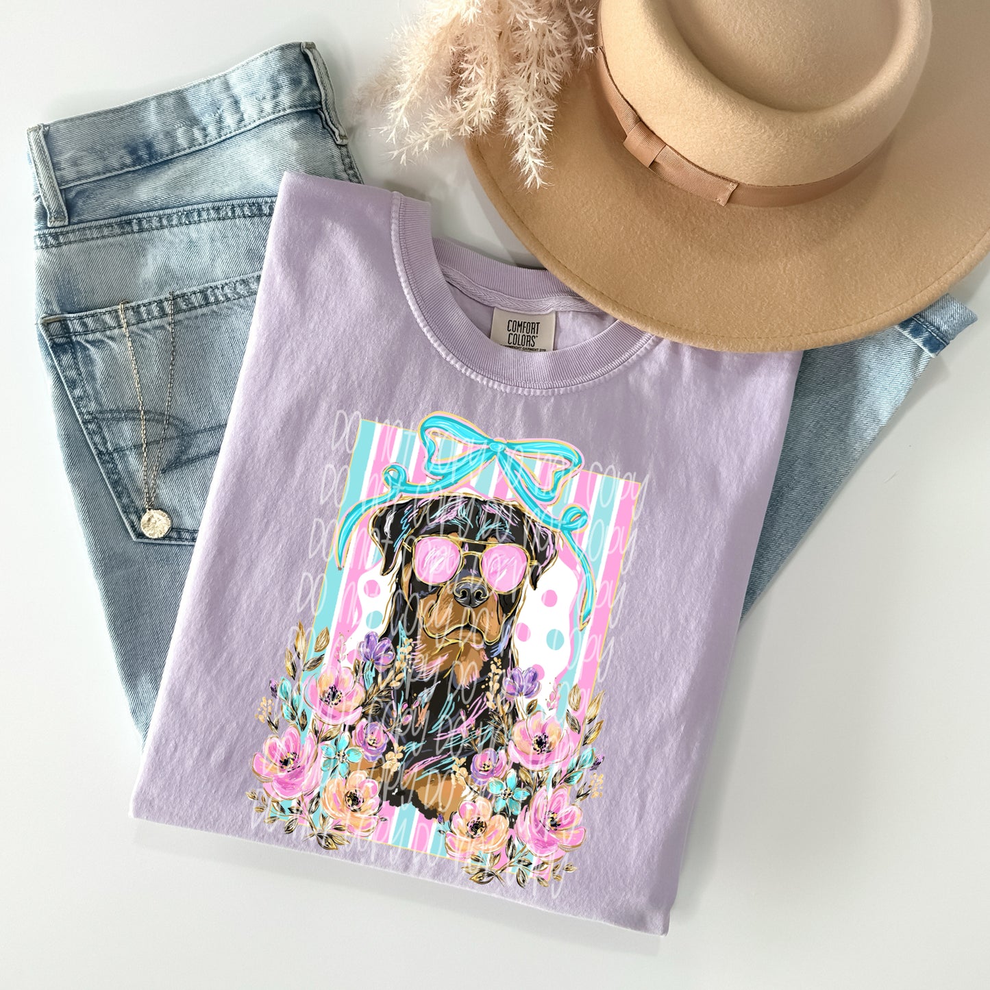 Rottweiler Floral Bow Graphic T-Shirt | Cute Dog Lover Tee | Coquette Puppy Unisex Shirt | Pet Mom Apparel