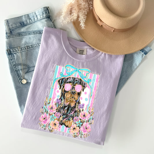 Rottweiler Floral Bow Graphic T-Shirt | Cute Dog Lover Tee | Coquette Puppy Unisex Shirt | Pet Mom Apparel