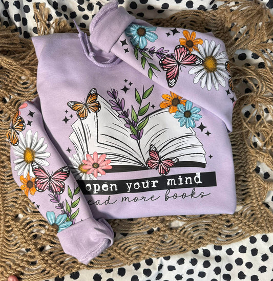 Open Your Mind Read More Books Hoodie | Floral Book Lover Graphic Sweatshirt | Butterfly Reader Pullover 📚🦋🌸
