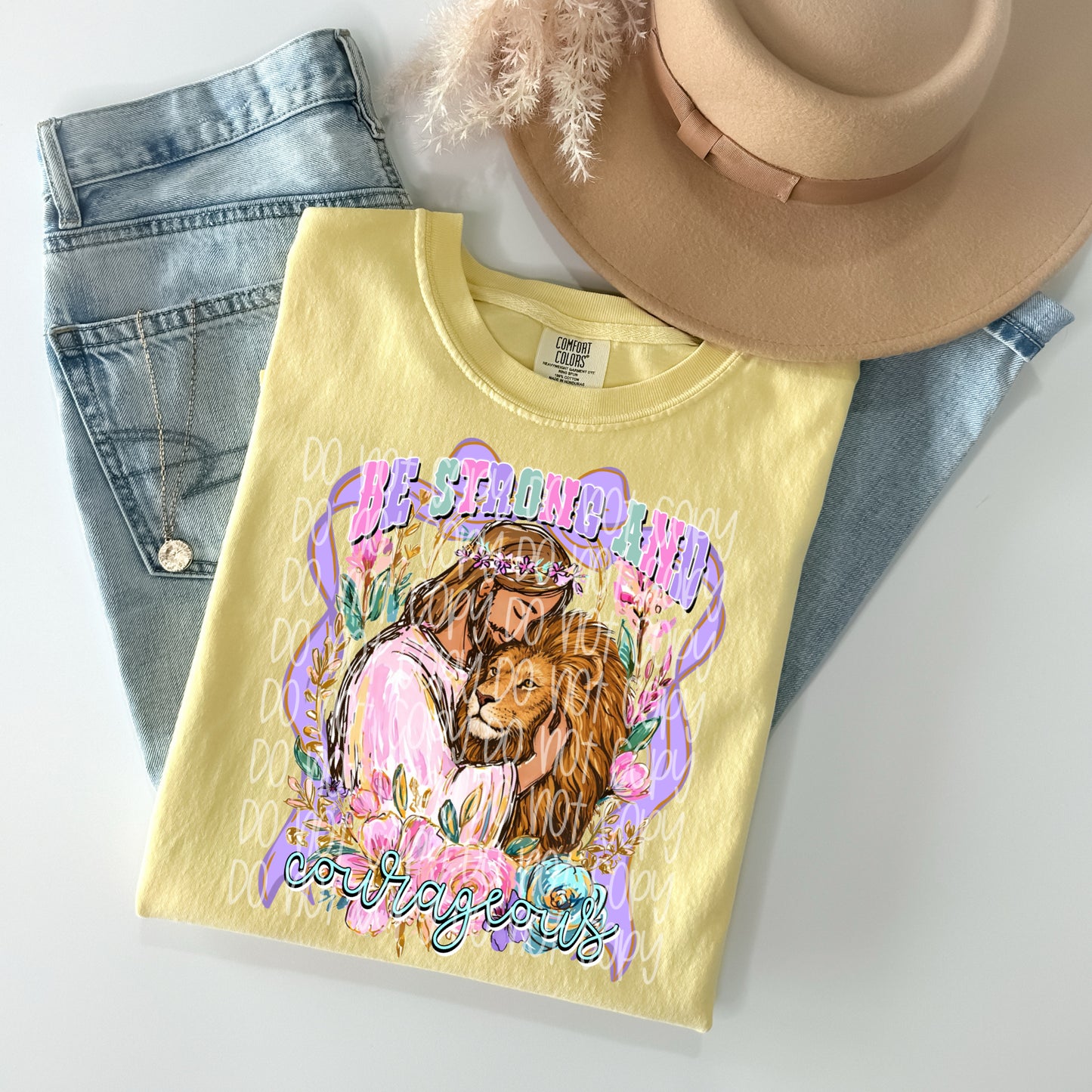 Be Strong and Courageous Jesus and Lion Graphic T-Shirt | Christian Faith Tee | Lion of Judah Inspirational Unisex Shirt | Religious Church Apparel