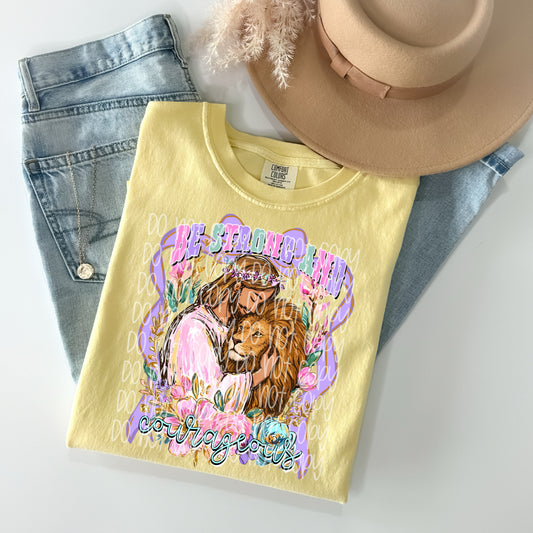 Be Strong and Courageous Jesus and Lion Graphic T-Shirt | Christian Faith Tee | Lion of Judah Inspirational Unisex Shirt | Religious Church Apparel