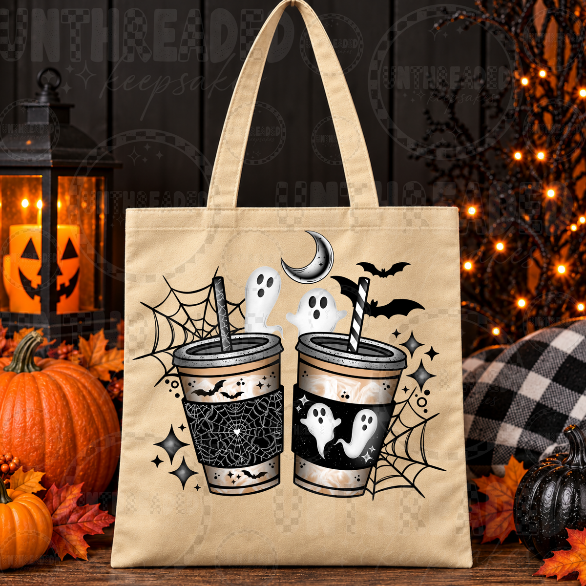 Spooky Ghost Coffee Cups Halloween Tote Bag