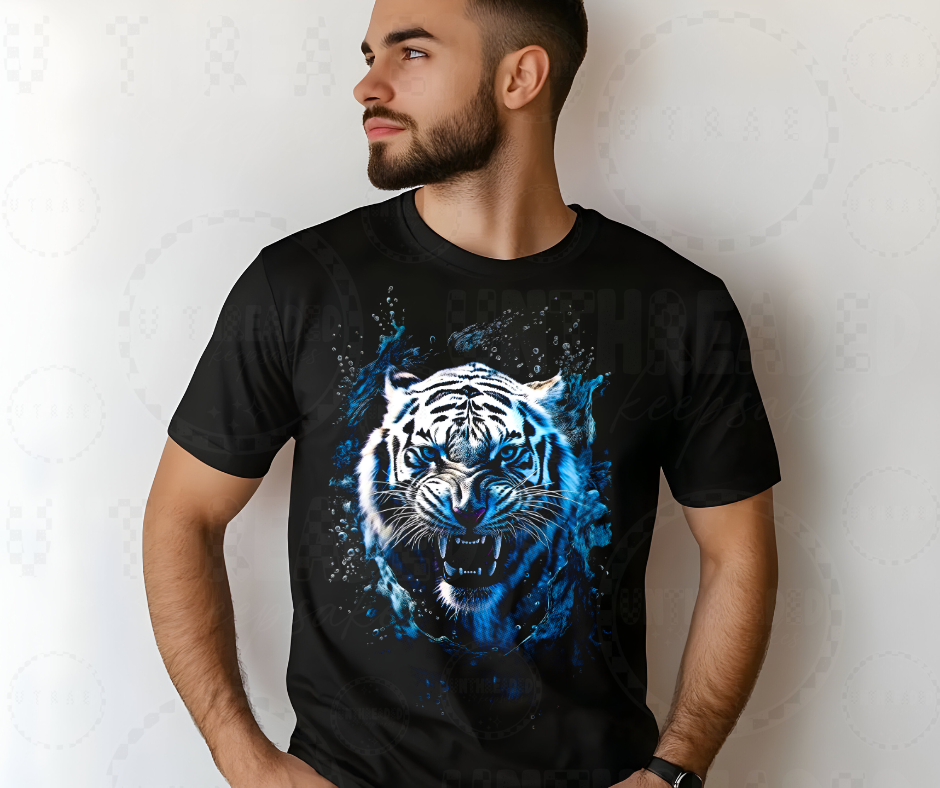Blue Frost Tiger Graphic Tee – Neon Ice Beast Wild Animal Shirt