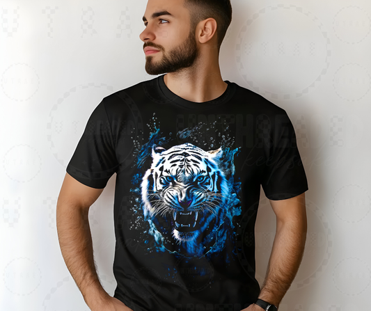 Blue Frost Tiger Graphic Tee – Neon Ice Beast Wild Animal Shirt