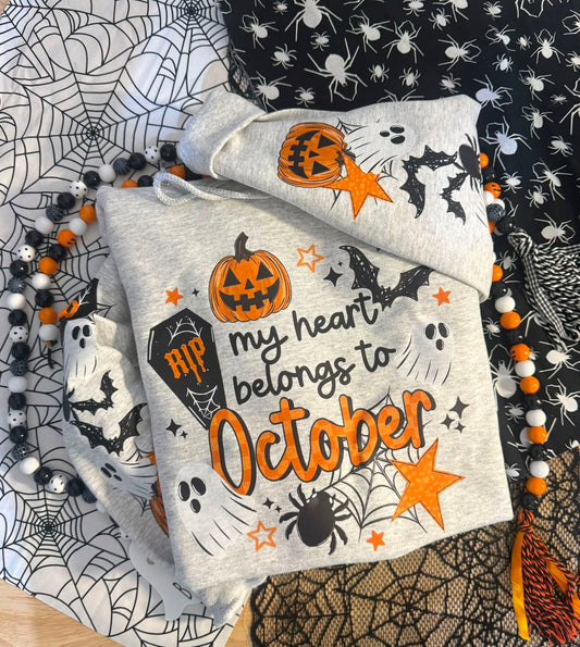 My Heart Belongs to October Halloween Hoodie | Ghost & Pumpkin Graphic Sweatshirt | Cozy Spooky Season Pullover 🎃👻