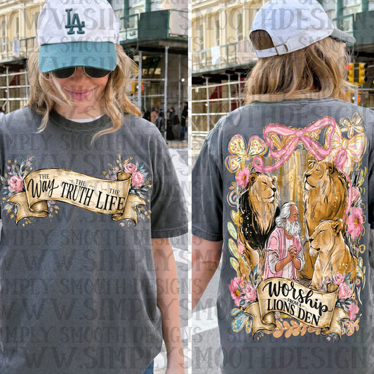 The Way The Truth The Life Christian Shirt | Worship From a Lion's Den Graphic Tee | Faith-Based Front & Back Print T-Shirt | Religious Unisex Shirt | Inspirational Gift