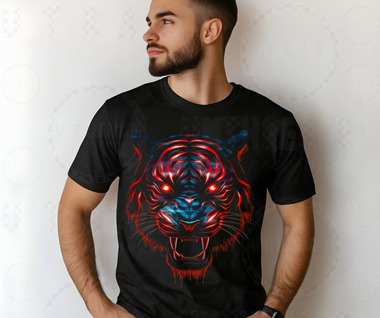 Red Inferno Tiger Head Tee – Neon Fiery Big Cat Graphic Shirt