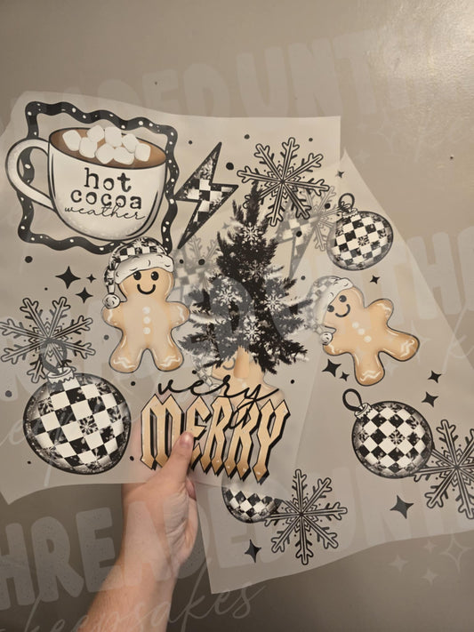 Very Merry Holiday DTF Transfer Gingerbread with Sleves , Hot Cocoa, Ornaments & Snowflakes