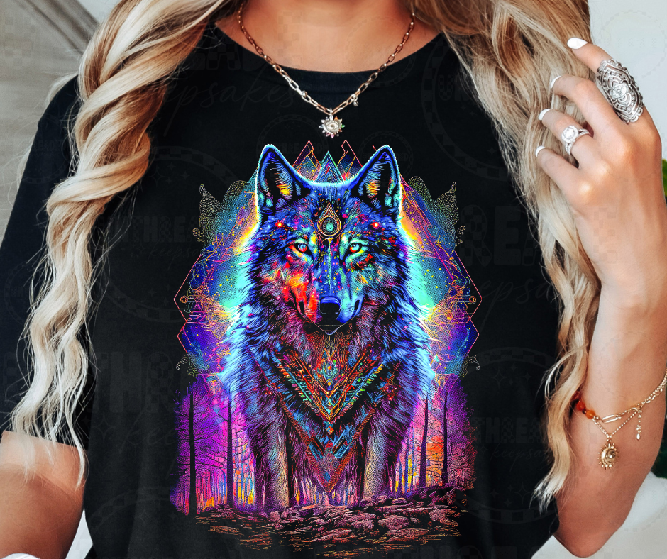 Psychedelic Spirit Wolf Graphic Tee – Tribal Neon Forest Alpha Shirt