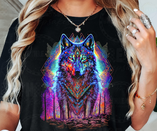 Psychedelic Spirit Wolf Graphic Tee – Tribal Neon Forest Alpha Shirt