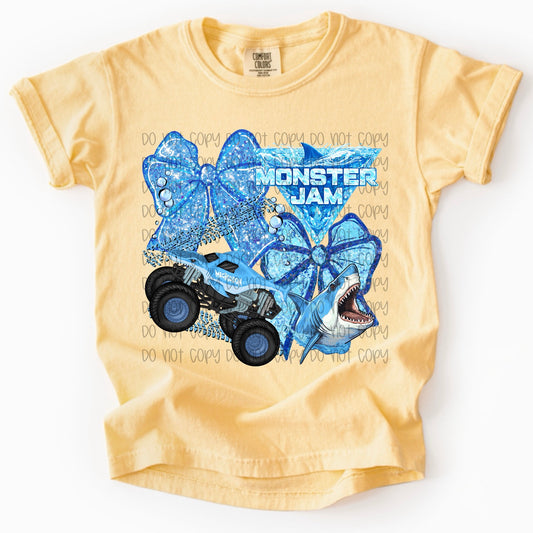 Blue Bow Shark Monster Truck Kids Graphic Tee