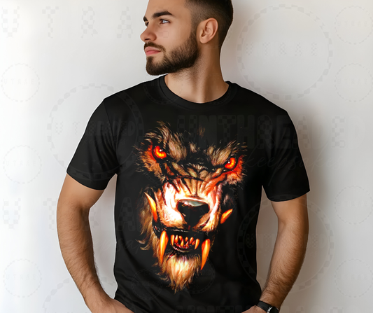 Hellfire Wolf Graphic Tee – Red-Eye Alpha Beast Flame Shirt