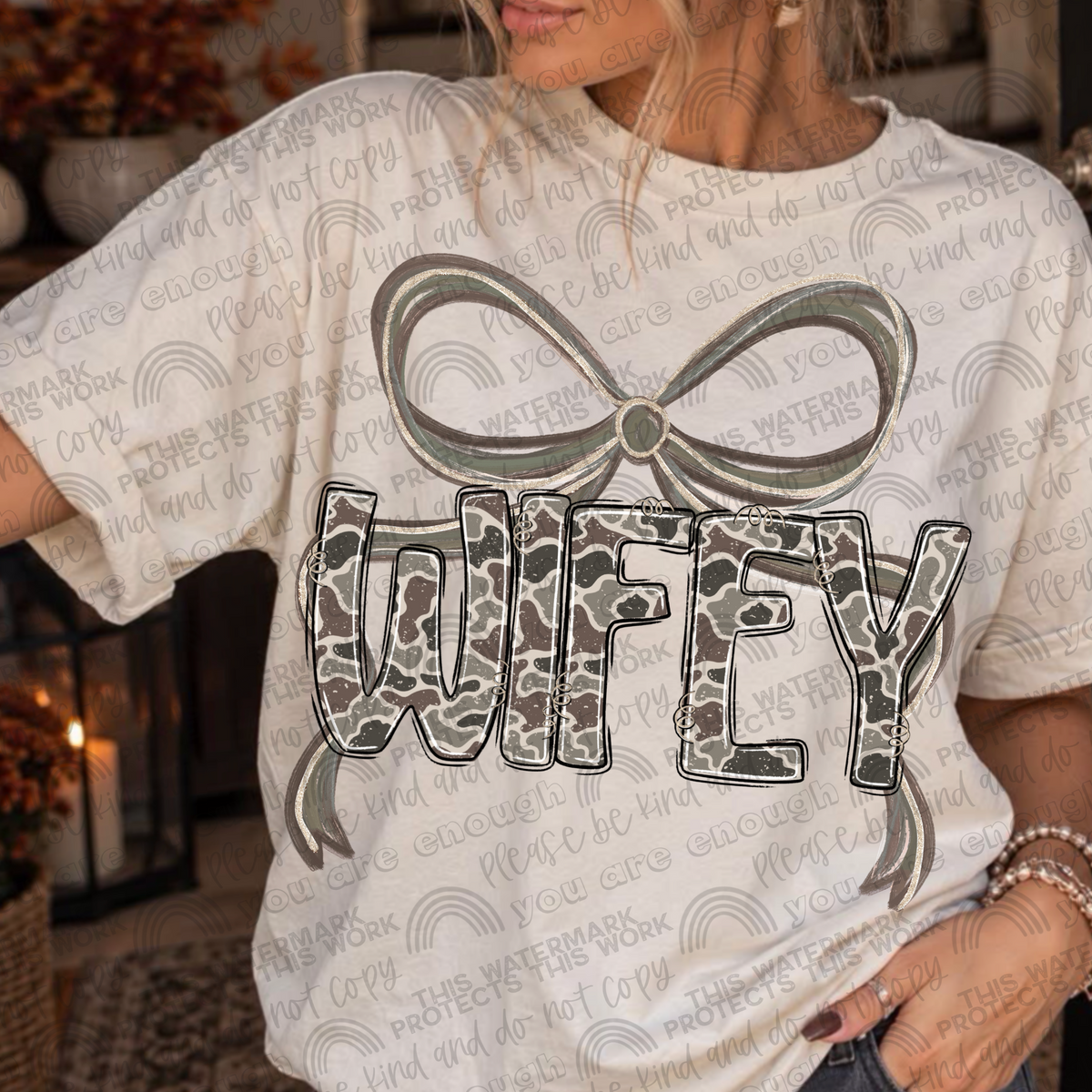 Wifey camouflage bow graphic T-shirt mockup