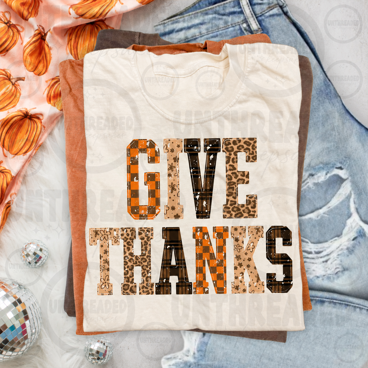 Give Thanks Leopard & Plaid Thanksgiving Graphic T-Shirt – Fall Tee